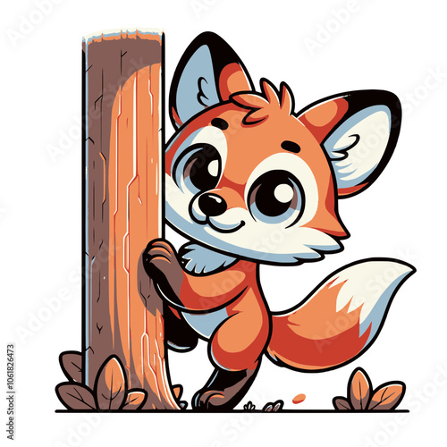 A curious fox peeking out from behind a tree