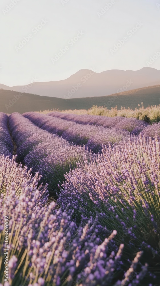 A tranquil lavender field stretches towards distant mountains at sunset, showcasing vibrant blooms under a warm sky A tranquil lavender field stretches towards distant mountains at sunset, showcasing vibrant blooms under a warm sky