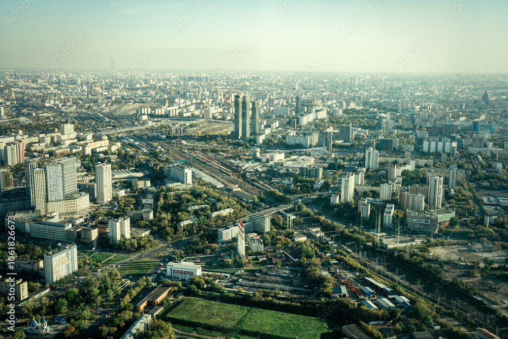 Fototapeta premium MOSCOW, RUSSIA - 30 SEPTEMBER 2023: Panoramic aerial view of Moscow