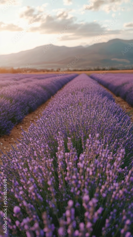 Naklejka premium A breathtaking lavender field in full bloom during golden hour with distant mountains in view