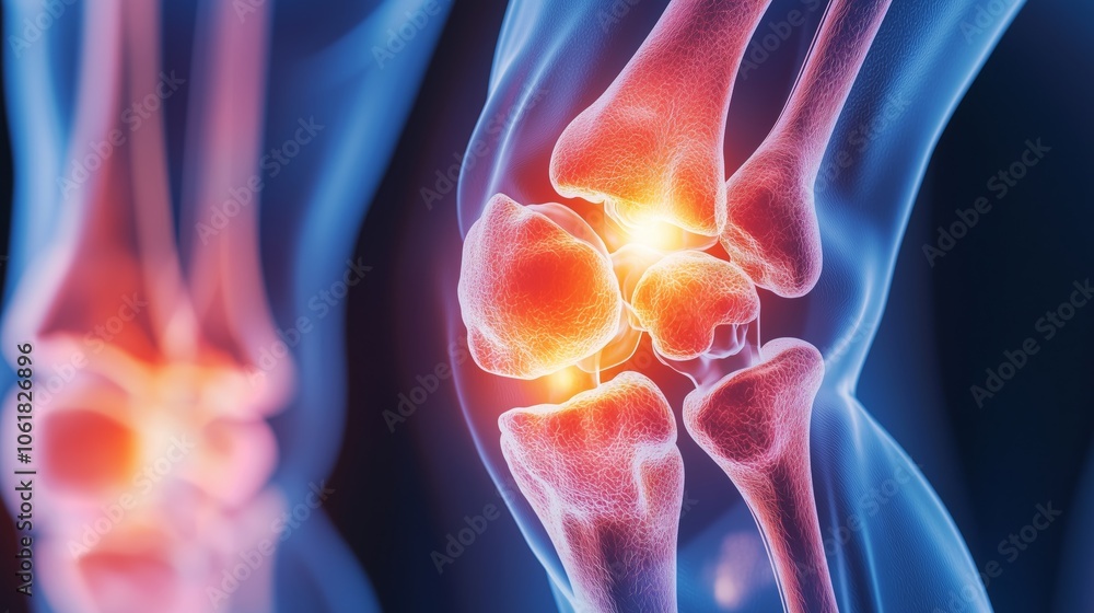 Detailed illustration of human knee joint anatomy highlighting its structures, ligaments, and cartilage for educational purposes Detailed illustration of human knee joint anatomy highlighting its structures, ligaments, and cartilage for educational purposes
