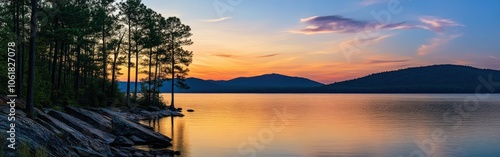 Tranquil sunset over Lake Ouachita with reflections and silhouettes of trees along the shore