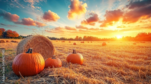 Golden sunset over a pumpkin harvest field with hay bales and vibrant clouds creating a serene autumn landscape photo