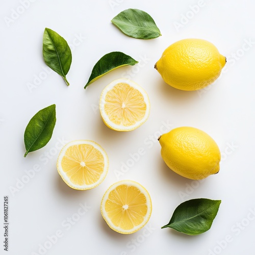 Fresh Lemons with Green Leaves on White Background