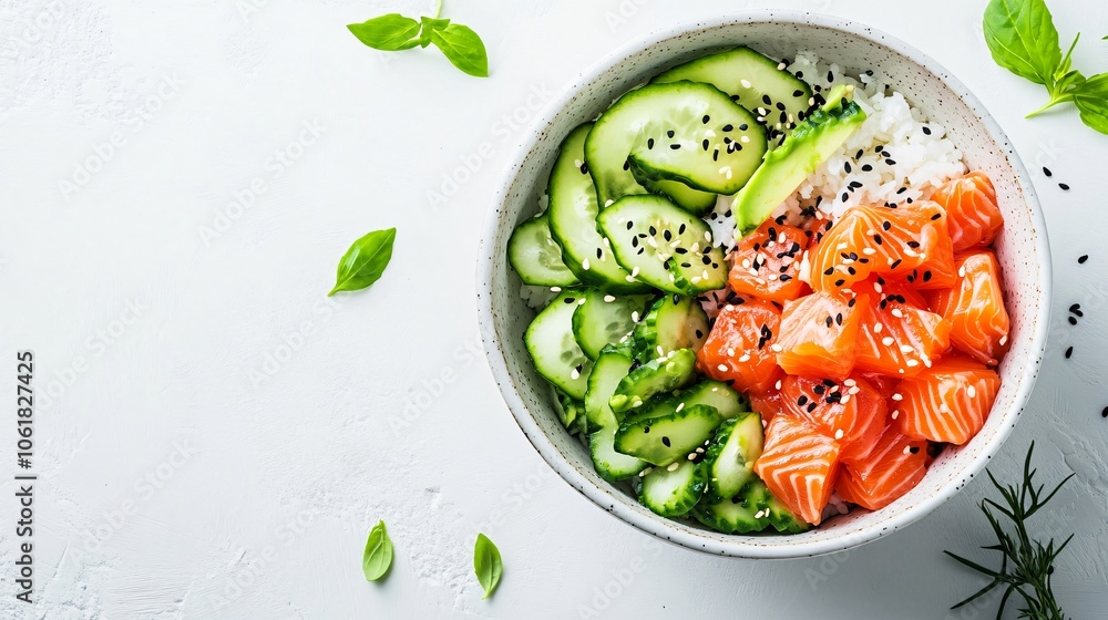 Salmon Poke Bowl with Cucumber and Rice Salmon Poke Bowl with Cucumber and Rice
