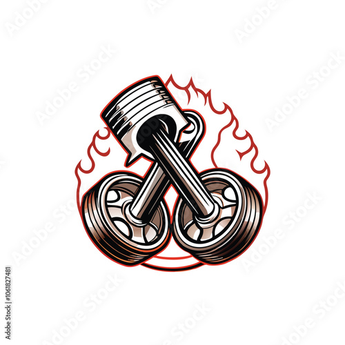 Create a logo featuring a detailed piston and a tire engulfed in flames, conveying power, speed, and performance.