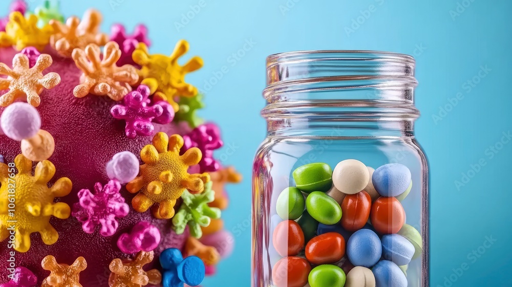Virus and Pills in a Jar on Blue Background Virus and Pills in a Jar on Blue Background