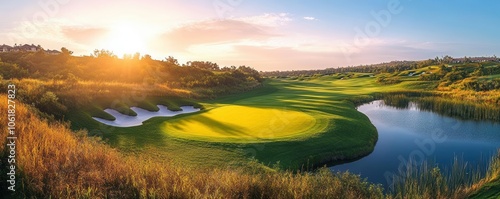 A picturesque golf course at sunset, surrounded by lush greenery and calm water, creating a serene landscape for golf enthusiasts.