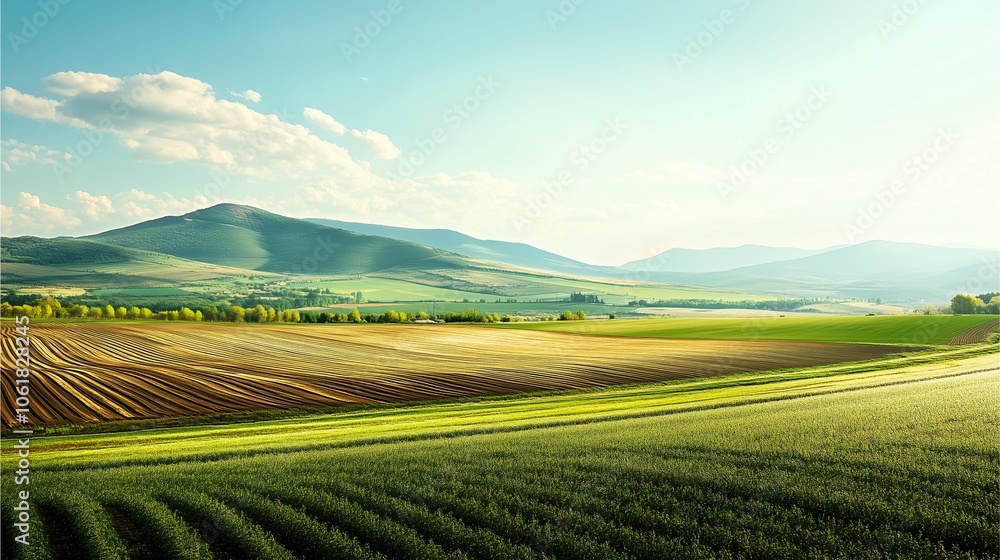 High-speed train rushing through endless fields under a bright midday sun, with a scenic mountain range in the background, fields showing shades of green and brown for a natural landscape. High-speed train rushing through endless fields under a bright midday sun, with a scenic mountain range in the background, fields showing shades of green and brown for a natural landscape.