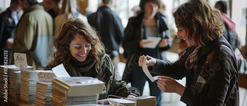 Smiling individuals engage in lively conversation over books, sharing an animated and friendly atmosphere in a bustling literary setting.