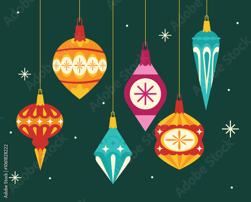 Colorful Christmas Ornaments Set with Decorative Patterns in Festive Shapes