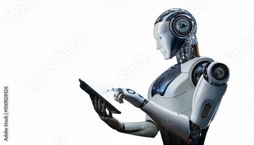 Ai robot using tablet isolate on transparency background PNG