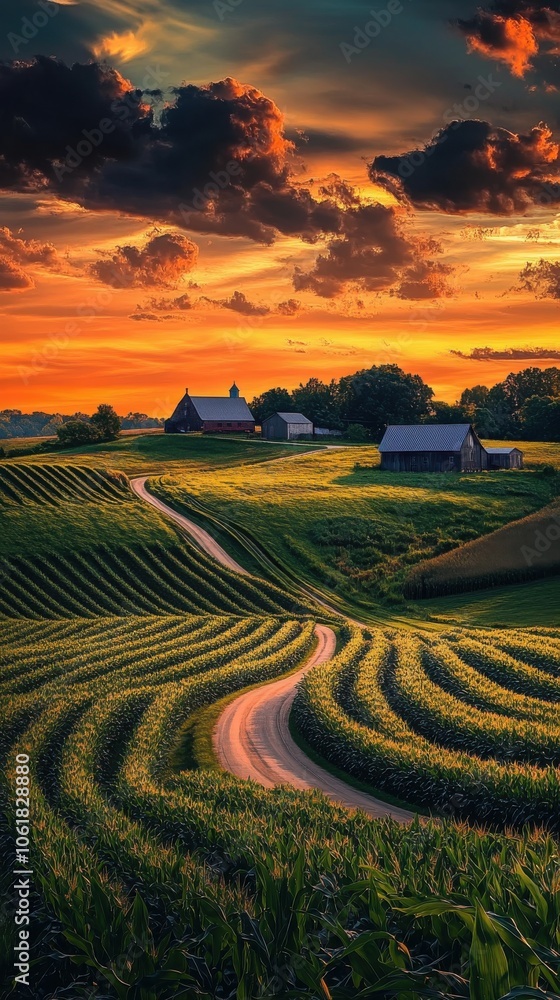 Fototapeta premium A winding road through lush farmland at sunset near a scenic highway surrounded by vibrant fields and dramatic clouds