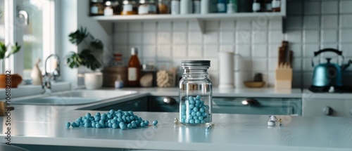 A clear glass jar on a minimalist kitchen counter holds vibrant turquoise candies, adding pop and interest to the modern space.