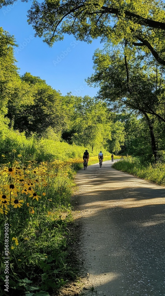 Naklejka premium Bicyclists enjoying a sunny afternoon ride along the scenic Katy Trail surrounded by lush greenery and yellow wildflowers