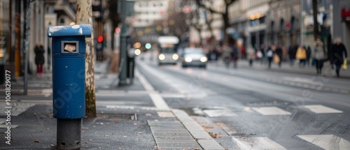 Wallpaper Mural A blue mailbox stands resilient on a bustling city street, surrounded by blurred movements of cars and pedestrians under soft, overcast light. Torontodigital.ca