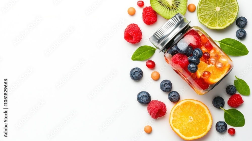 Fresh Fruit Salad in a Jar with Copy Space Fresh Fruit Salad in a Jar with Copy Space
