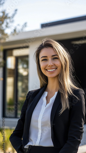 Youthful real estate agent stands in the front yard of a contemporary home, smiling