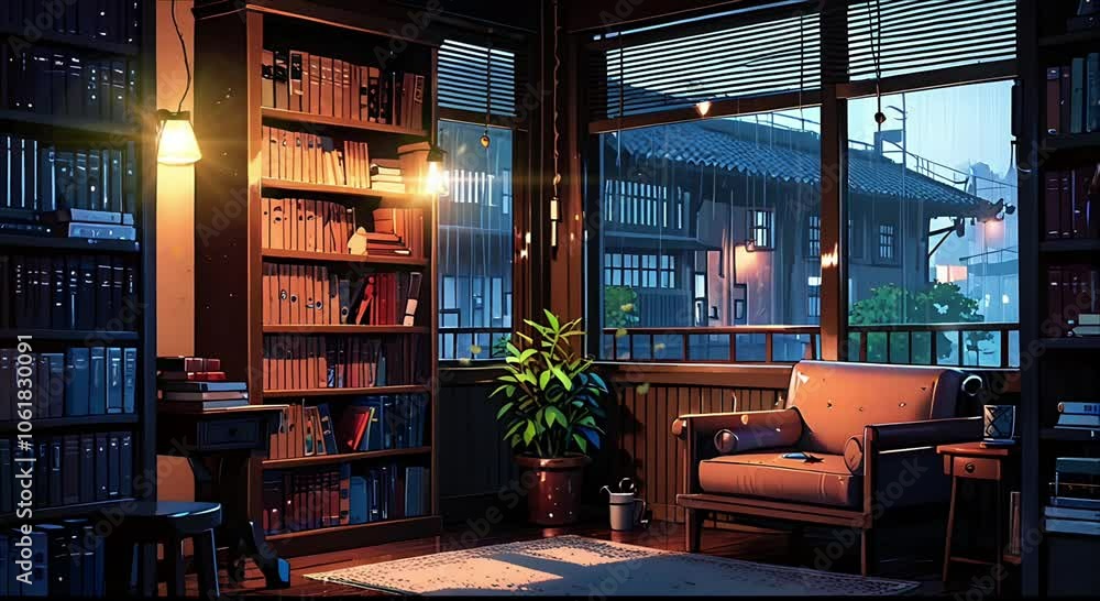 Cozy private library room with a comfortable sofa. Seamless 4K looping timelapse video animation background Cozy private library room with a comfortable sofa. Seamless 4K looping timelapse video animation background