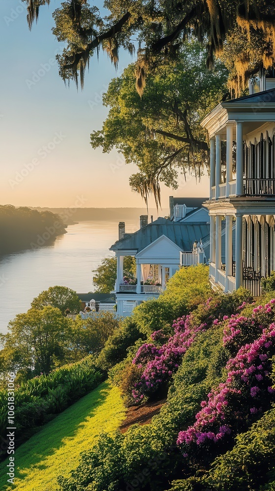 Obraz premium Charming town along a serene river at sunrise with blooming flowers and elegant houses