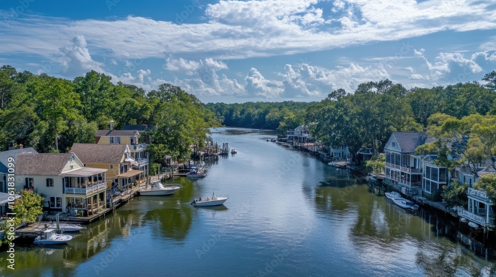 A serene view of the charming town along the peaceful river and lush greenery under a bright blue sky A serene view of the charming town along the peaceful river and lush greenery under a bright blue sky