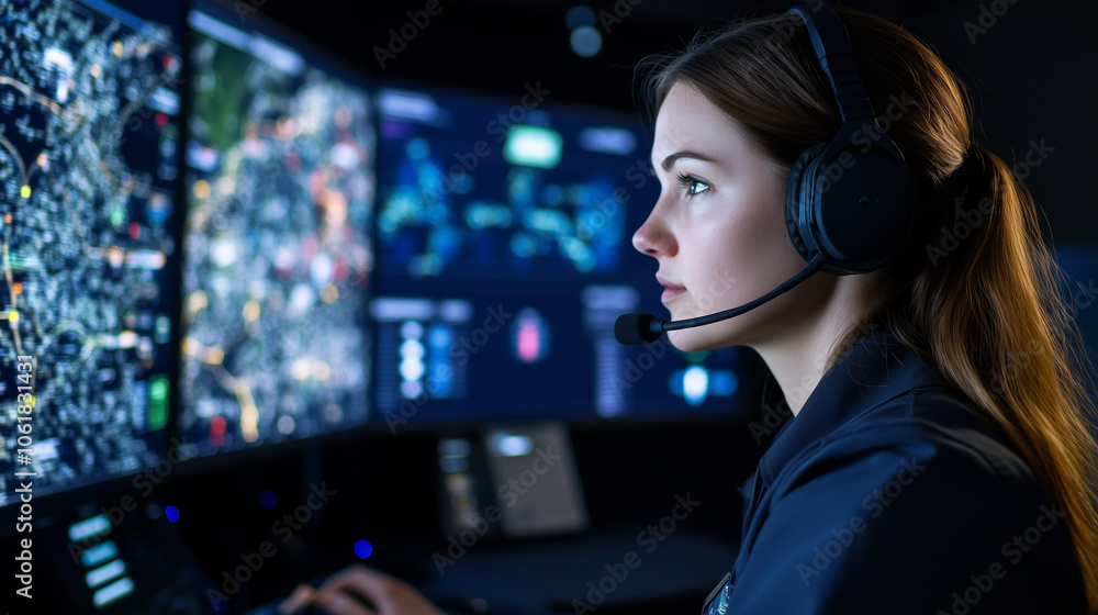 Surrounded by digital maps, live video feeds, and tactical data, a woman officer wearing headphones gives orders through her control panel, seamlessly managing joint exercises in r Surrounded by digital maps, live video feeds, and tactical data, a woman officer wearing headphones gives orders through her control panel, seamlessly managing joint exercises in r