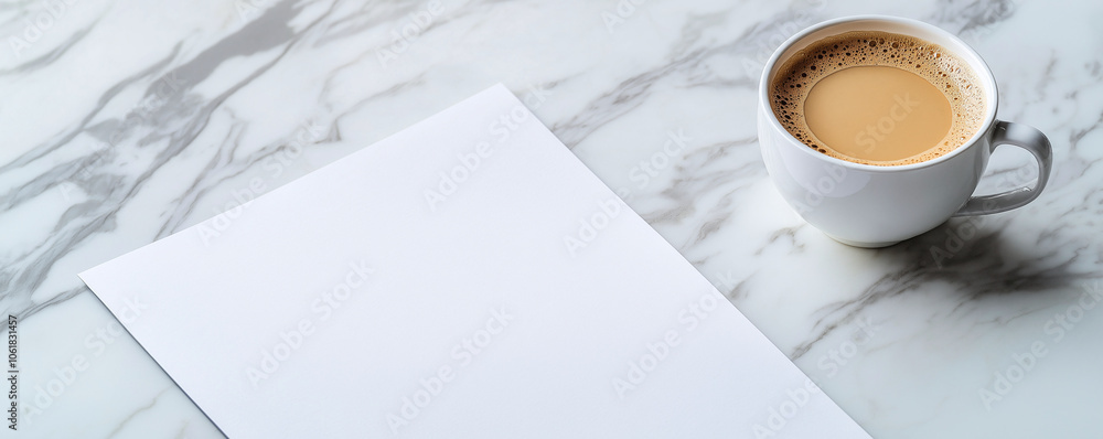 blank sheet of paper beside cup of coffee on marble surface creates calm workspace. Perfect for notes or creative ideas