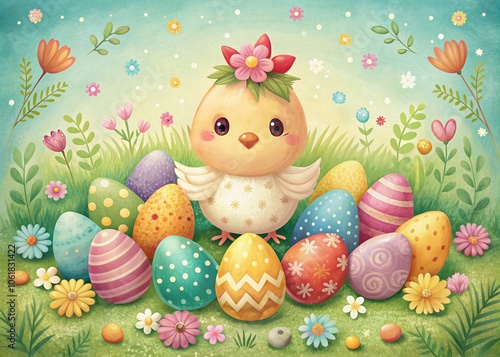 Vintage Easter Greeting Card Featuring Kawaii Chicken Girl Surrounded by Colorful Eggs in Watercolor Style for Spring Holiday Celebrations