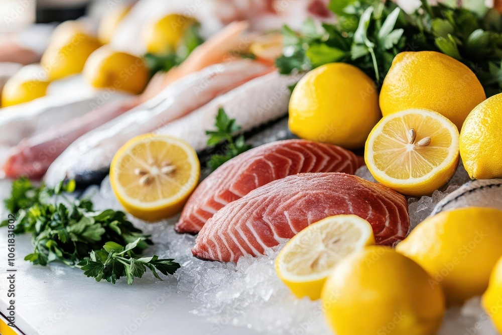 Fresh seafood displayed on ice with vibrant lemons and herbs, creating an inviting and colorful culinary presentation. Fresh seafood displayed on ice with vibrant lemons and herbs, creating an inviting and colorful culinary presentation.