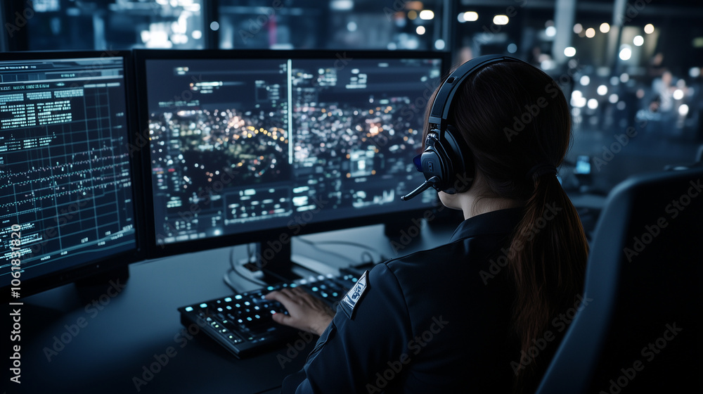 A wide-angle view of the military operations center, with the woman officer at the helm, wearing her headset and using a sleek control panel to direct cross-functional teams across A wide-angle view of the military operations center, with the woman officer at the helm, wearing her headset and using a sleek control panel to direct cross-functional teams across