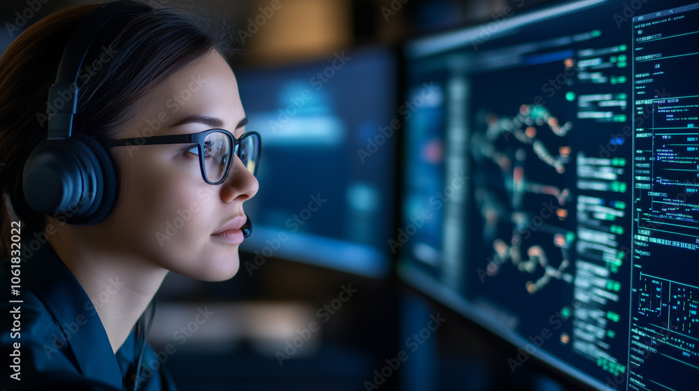 The operations center glows with activity as a woman officer, wearing a headset, works at her control panel, coordinating real-time joint exercises with military teams across vario The operations center glows with activity as a woman officer, wearing a headset, works at her control panel, coordinating real-time joint exercises with military teams across vario