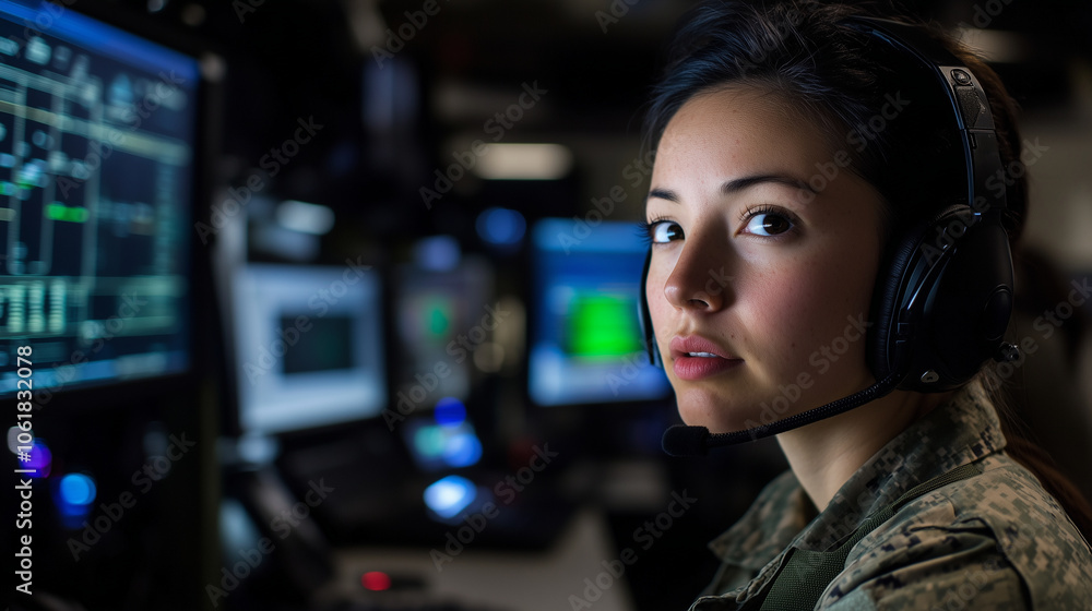The operations center glows with activity as a woman officer, wearing a headset, works at her control panel, coordinating real-time joint exercises with military teams across vario The operations center glows with activity as a woman officer, wearing a headset, works at her control panel, coordinating real-time joint exercises with military teams across vario