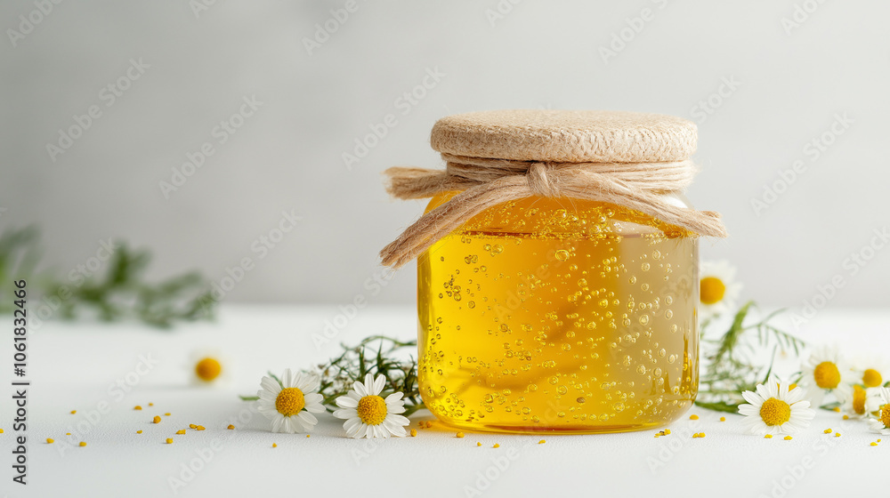 glass jar filled with golden honey, decorated with chamomile flowers around the jar glass jar filled with golden honey, decorated with chamomile flowers around the jar