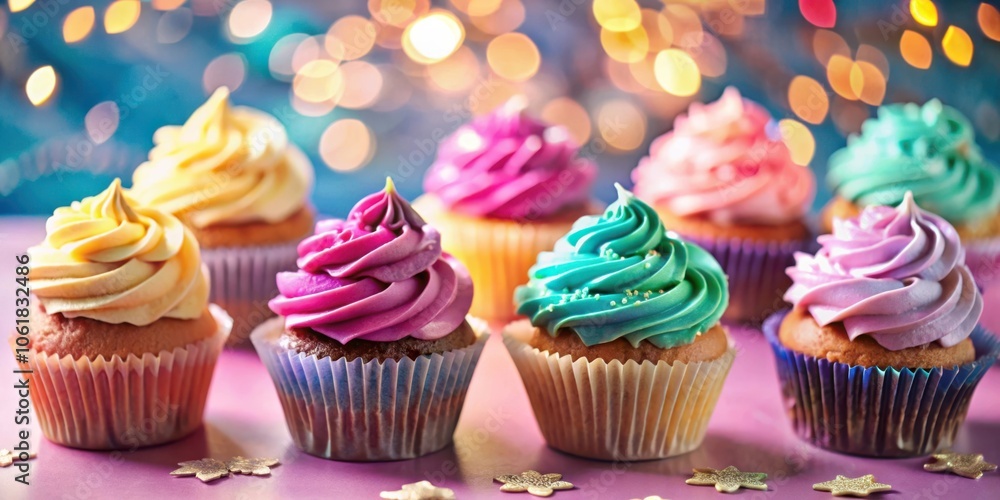 A Row of Colorful Cupcakes with Swirled Frosting and Sprinkles on a Pink Surface with a Blurry Background of Festive Lights A Row of Colorful Cupcakes with Swirled Frosting and Sprinkles on a Pink Surface with a Blurry Background of Festive Lights