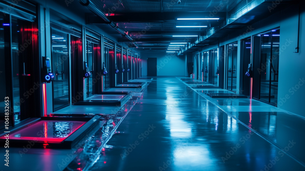 Fototapeta premium In a high-tech pig farm, smart sensors embedded in water troughs monitor hydration levels and cleanliness, while IoT systems relay real-time data to a central control hub.