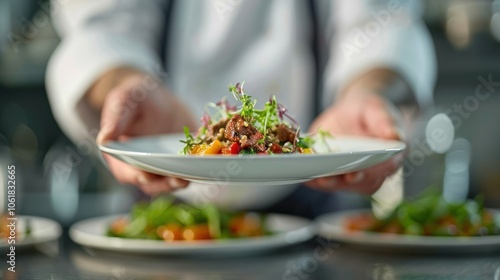 A chef presents a beautifully plated dish, garnished with fresh herbs, showcasing culinary artistry and attention to detail.