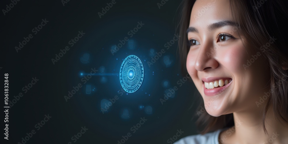 Smiling Woman with Digital AI Companion Visual Smiling Woman with Digital AI Companion Visual
