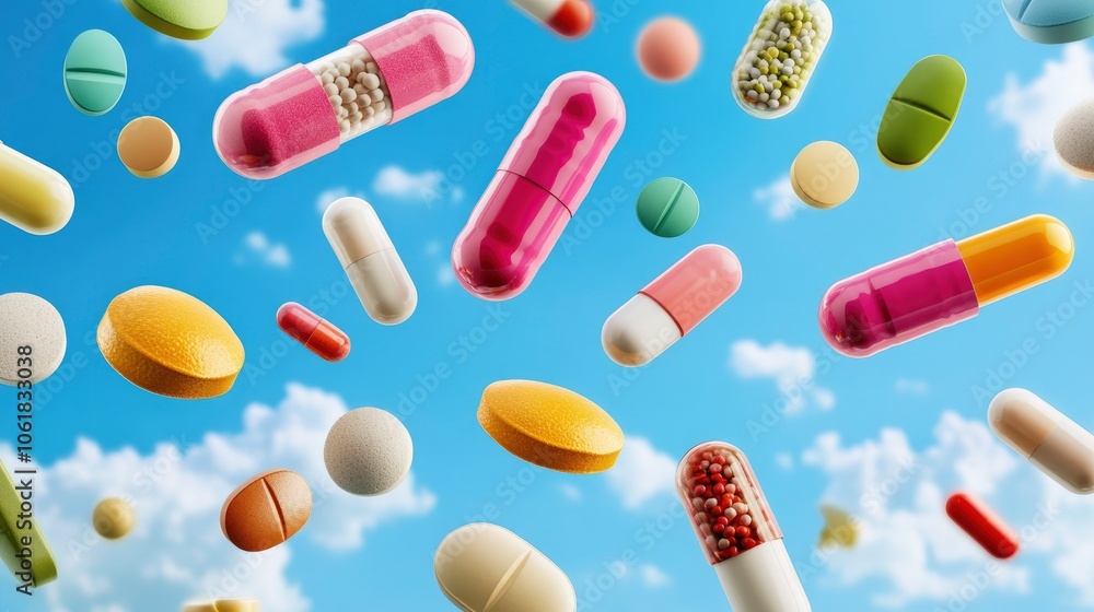 Colorful Pills Falling Against a Blue Sky Colorful Pills Falling Against a Blue Sky