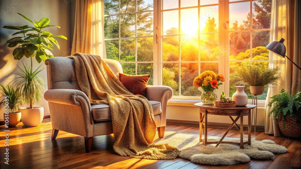 Cozy Snug Living Room with Soft Chair and Blanket Near Large Window - Warm Interior Design, Relaxation Space, Inviting Ambiance, Natural Light, Home Comfort, Modern Decor
