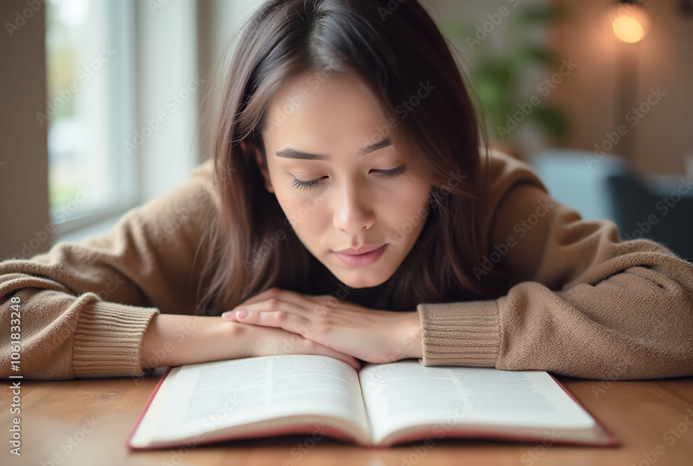 Young Woman Deep in Thought While Reading Book Young Woman Deep in Thought While Reading Book