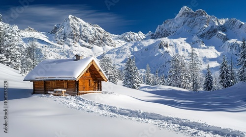 A cozy mountain hut in the snow.