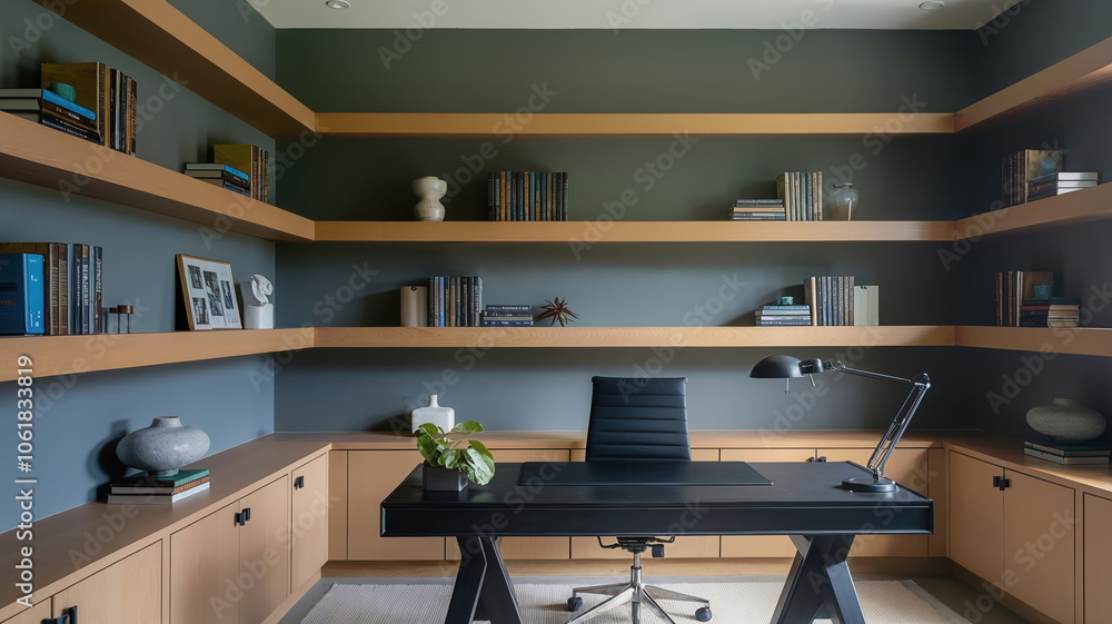 Modern home office with wooden shelves and desk promoting productivity Modern home office with wooden shelves and desk promoting productivity