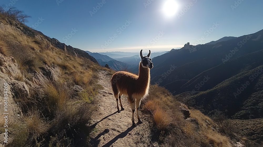 Naklejka premium A llama standing on a mountain trail.