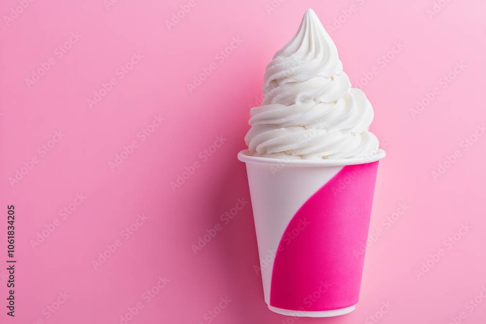 White ice cream cone in a pink cup. The pink cup is decorated with a white stripe White ice cream cone in a pink cup. The pink cup is decorated with a white stripe
