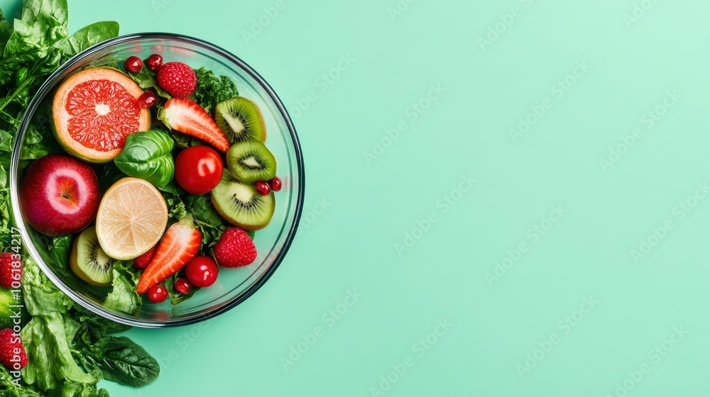 Fresh Fruit Salad in Glass Bowl on Green Background