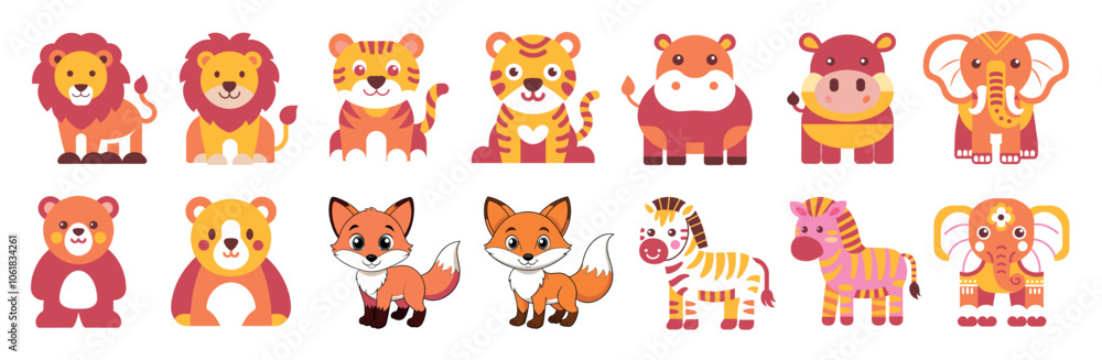 Adorable Wild Animals Set: Lion, Tiger, Hippo, Bear, Fox, Zebra & Elephant - Safari & Woodland Vector Adorable Wild Animals Set: Lion, Tiger, Hippo, Bear, Fox, Zebra & Elephant - Safari & Woodland Vector
