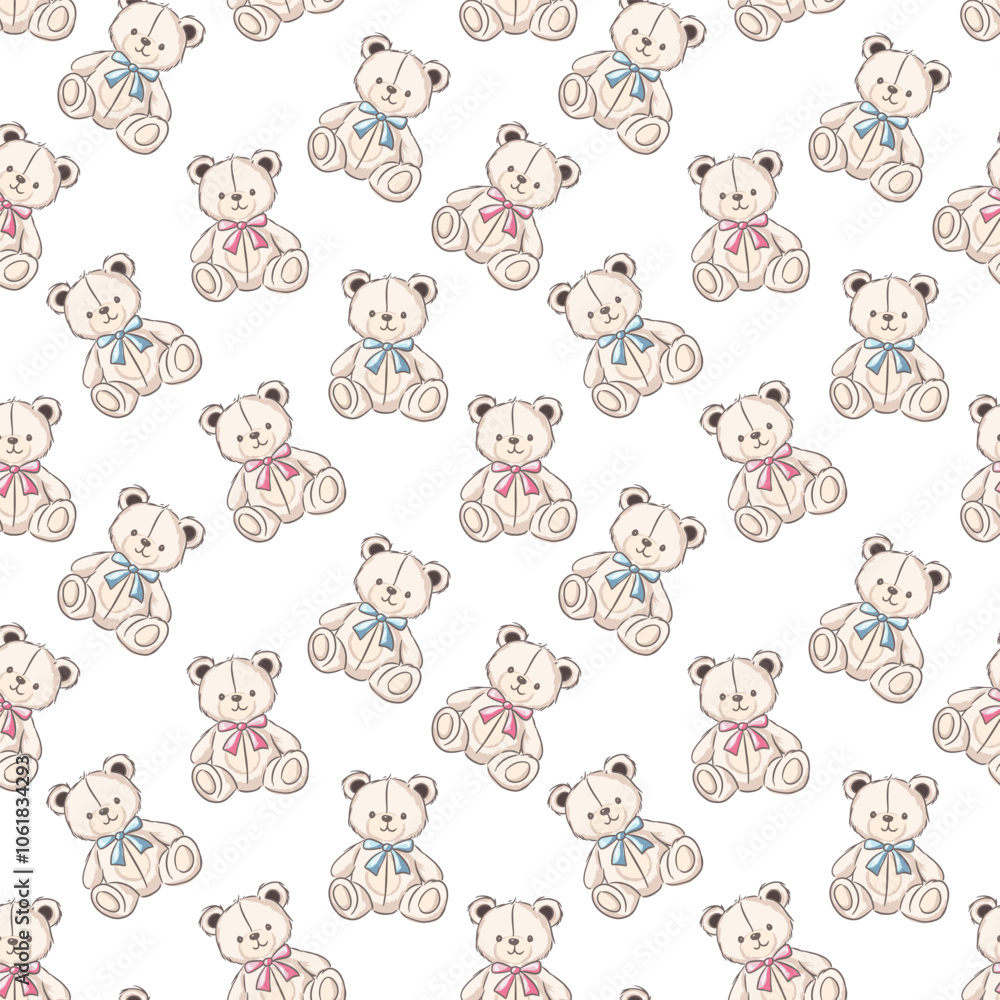 Seamless pattern with adorable teddy bears are arranged in a playful pattern, creating a charming atmosphere.