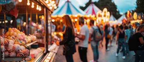 Vibrant street fair buzzing with activities; people savor sweets, amid colorful tents and festive lights, reflecting a lively community celebration.