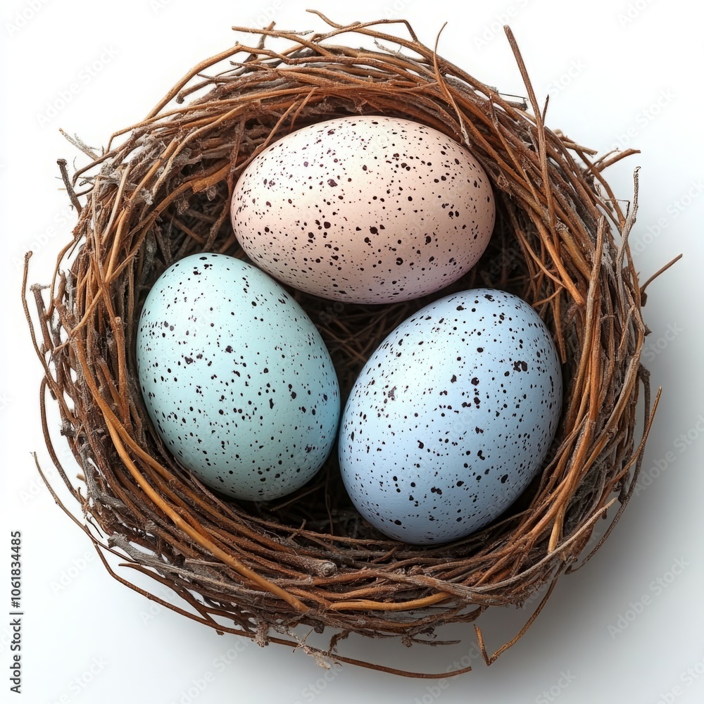 Colorful Easter Eggs in Nest - Top View Isolated on White Background for Spring and Holiday Celebrations Colorful Easter Eggs in Nest - Top View Isolated on White Background for Spring and Holiday Celebrations