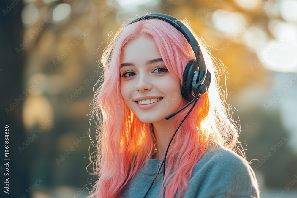 Young Pretty pink-haired girl at outdoors with telemarketer headset Young Pretty pink-haired girl at outdoors with telemarketer headset